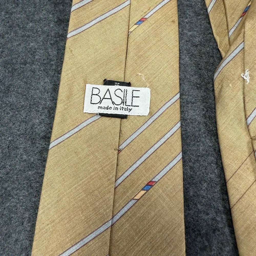 Vtg BASILE Made in Italy Striped Silk Linen Blend Mens Tie Gold Mustard Yellow